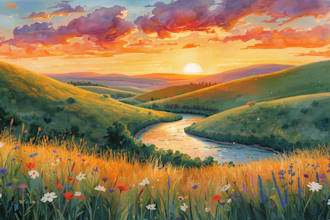 paint a watercolor and gouache landscape illustration