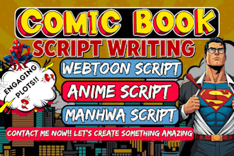 write comic book script, webtoon story, graphic novel panel anime dialogue scene