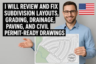 review fix subdivision layouts, grading, drainage, paving, and permit drawings