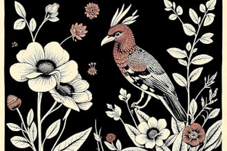 illustrate botanical and animal linocut linocut illustration