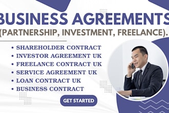 draft UK partnership, shareholder, investor ready plan and freelance agreements