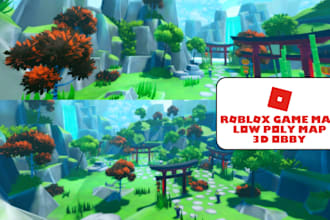 design roblox lowpoly obby maps, 3d simulator tycoon game maps