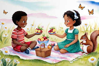 do hand drawn watercolor children story book illustration, hand painted design