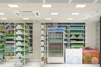 render 3d modern pharmacy store interior, medical clinic, furniture layout, cgi
