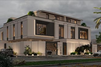 reinvigorate 3d modern duplex villa, facade exterior,twin house,landscape render