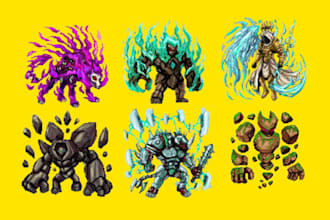 draw 2d pixel game art animation golem character design 2d pixel art sprite