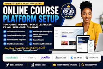 set up teachable, thinkific, podia, learndash, kajabi, learnworld, online course