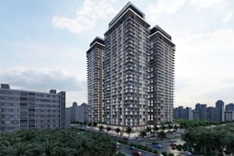 render 3d residential building, urban cityscape design,exterior balcony,sketchup