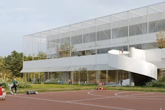 remodel modern educational building, cgi render, furniture layout, garden design