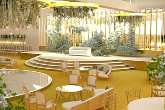 do rendering for banquet hall, wedding hall, bridal couch, auditorium, cafe, spa