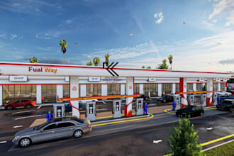 create 3d design and rendering for fuel station, charging station, gas station