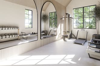 remodel gym interior, fitness club layout, sports facility, realistic cgi render
