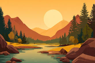 draw a flat vector landscape, poster illustration