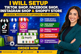 setup tiktok shop, facebook shop, instagram shop, design, redesign shopify store