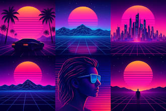 create 80s retrowave illustration and neon synthwave posters