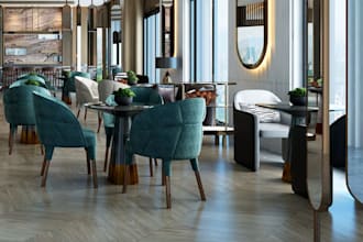 detailed architectural design,restaurant interior,3d realistic render,furniture