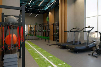 craft photorealistic 3d gym interior design, fitness equipment,gym layout render