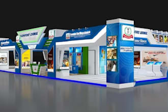 design trade show booth, exhibition stand, trade show banner, and 3d rendering