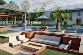 architectural walkthrough of landscape,patio design,playground,pool side,outdoor