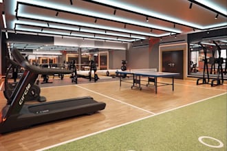 redesign corporate gym space layout, sport fitness interior, showroom rendering