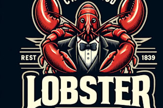 design a vintage crawfish  lobster bistro mascot logo with t shirt design