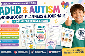 create adhd planner and autism worksheets for kids and teens
