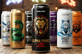design labels for energy drink, beer, soda, cans