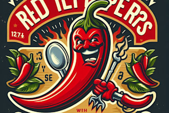 make a vintage red chili peppers mascot logo with t shirt design
