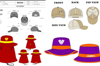 do hat and cap tech pack, bucket hat, trucker, dad cap with flat sketch design