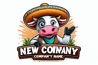 do cartoon cow with sombrero mascot logo in my style