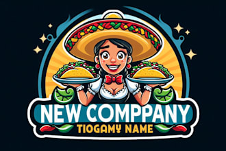 do mexican waitress serving tacos mascot logo for your business only 12 hours