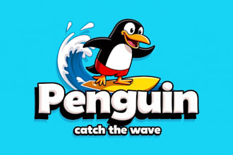 design high quality penguin surfing mascot logo in very short time