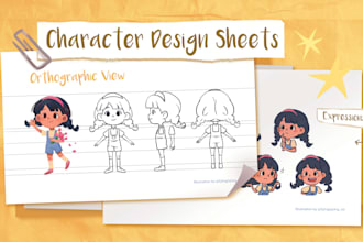 draw character design, orthographic, turnaround and expressions