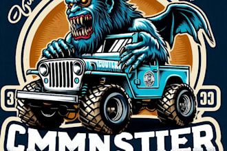 make a vintage monster jeep mascot logo with t shirt design