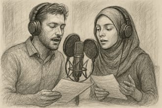 provide voice over of a man and a woman in malay and english