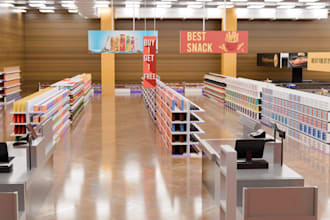 recreate 3d commercial retail store, supermarket interior, furniture layout,cgi