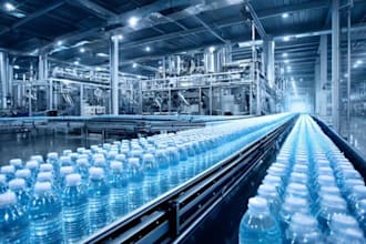 renovate 3d bottle water factory, render 3d warehouse,interior layout, floorplan