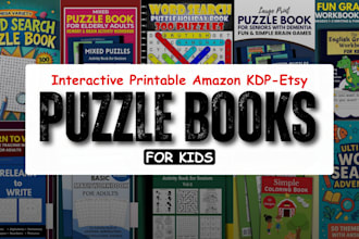 design interactive puzzle book, word search sudoku maze kids coloring book cover