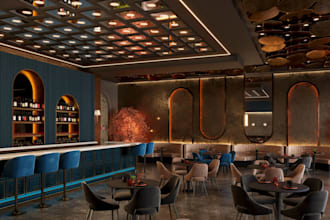 luxury standout restaurant,cgi interior,furniture,realism render,cafe bar design