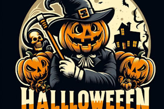 make a vintage halloween pumpkin mascot logo with t shirt design