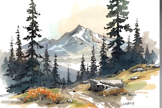 hand draw landscape sketch watercolor and ink