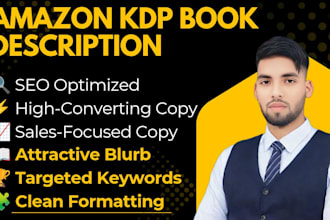 write SEO optimized amazon KDP book description, blurb and author bio