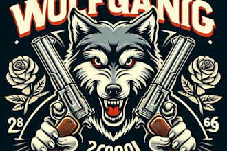 make a vintage old school wolf gang mascot logo with t shirt design
