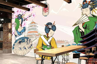 design traditional wall mural art for cafes, restaurants, and shops