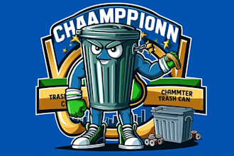 design champion trash can mascot logo with satisfaction guaranteed