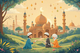 do islamic muslim illustration, flat islamic graphic for islamic children book