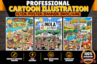 draw cartoon flyer and poster in various illustration design