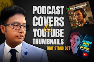 design podcast cover art, youtube thumbnails, banner, posts