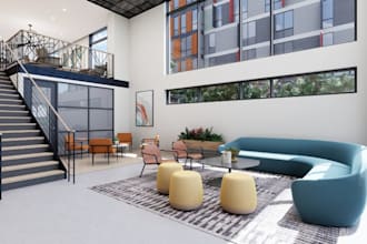 render 3d luxury hotel interior,lounge design,lobby area, commercial space,revit