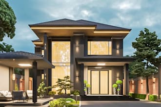 revamp 3d modern villa facade, two story house render,sleek home,outdoor seeting
